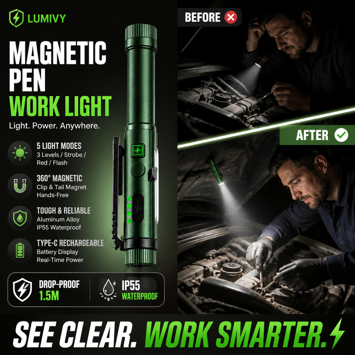Outil indispensable ! Lampe de travail magnétique puissante multifonctionnelle en forme de stylo, lampe torche LED portable rotative, base magnétique pour un éclairage mains libres pour