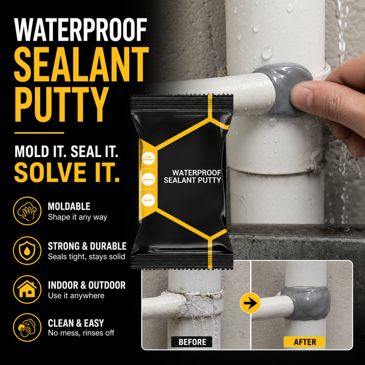 Mastic d'étanchéité imperméable, pâte de remplissage malléable pour colmater les trous dans les murs et les tuyaux
