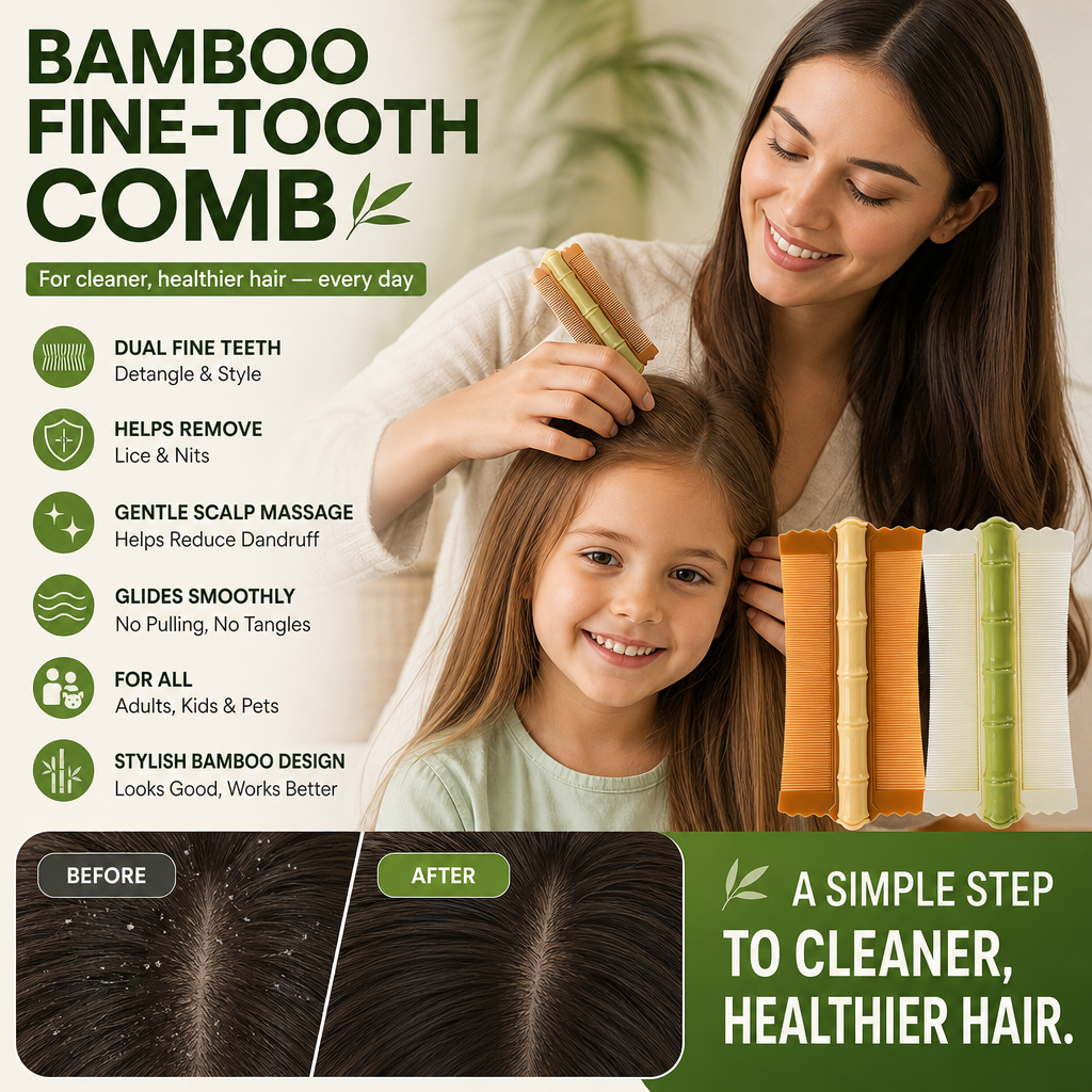 Peigne coiffant double-face en bambou à dents fines | Élimine les poux et les pellicules | Prise ergonomique | Pour tous types de cheveux | Pour adultes, enfants et animaux de compagnie