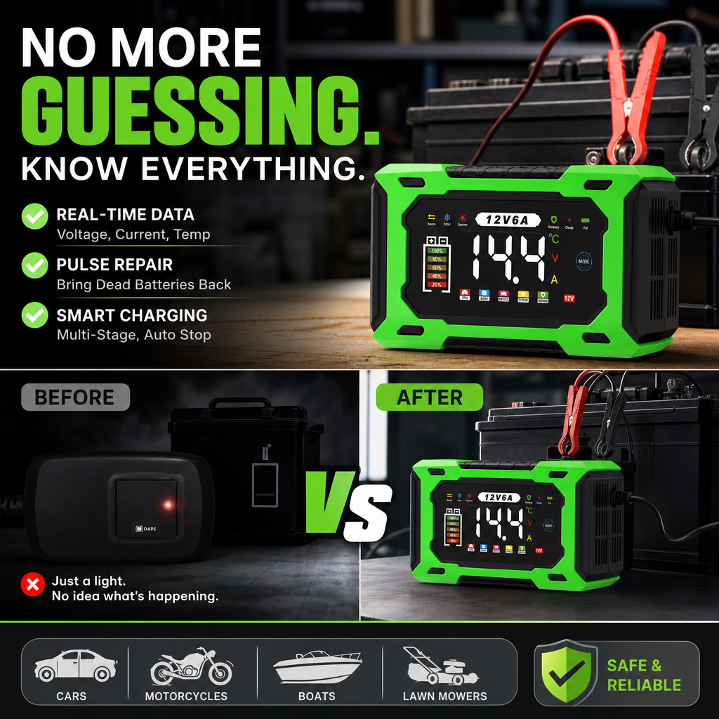 Chargeur de batterie de voiture intelligent 12 V 6 A – Technologie de réparation d'impulsions, entretien automatique et désulfatation