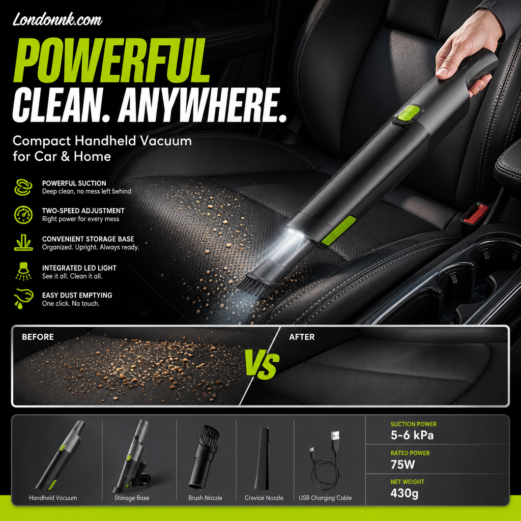 Aspirateur à main sans fil pour voiture – Aspiration 6 KPa, 2 vitesses, lumière LED, conception facile à vider – Comprend une base de rangement !