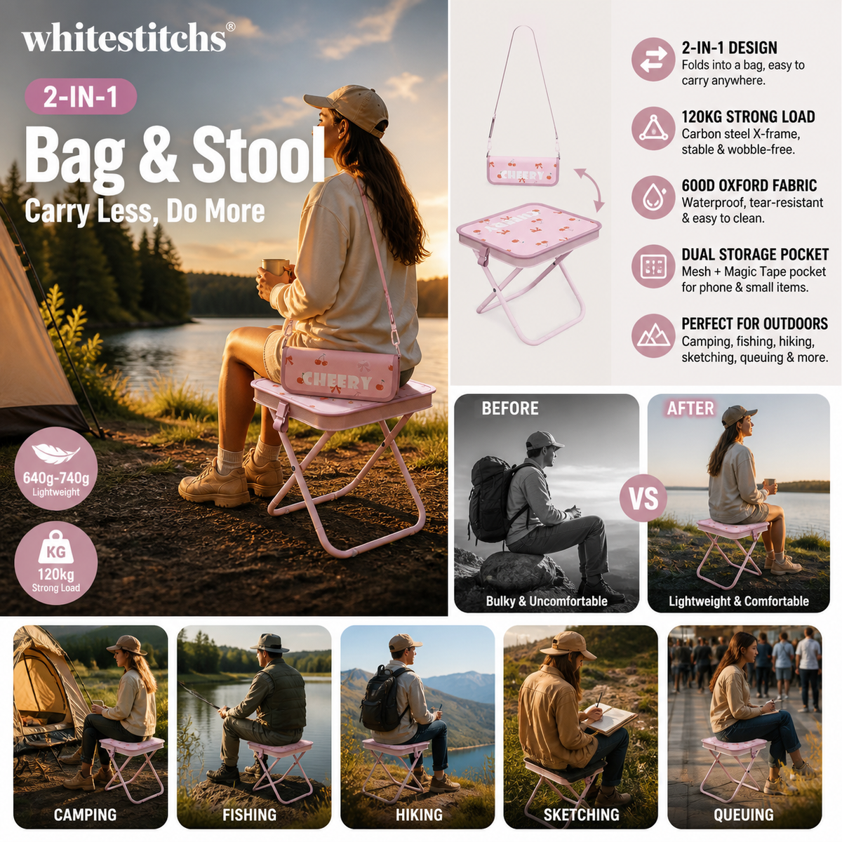 Chaise pliante d'extérieur 2-en-1 avec sac