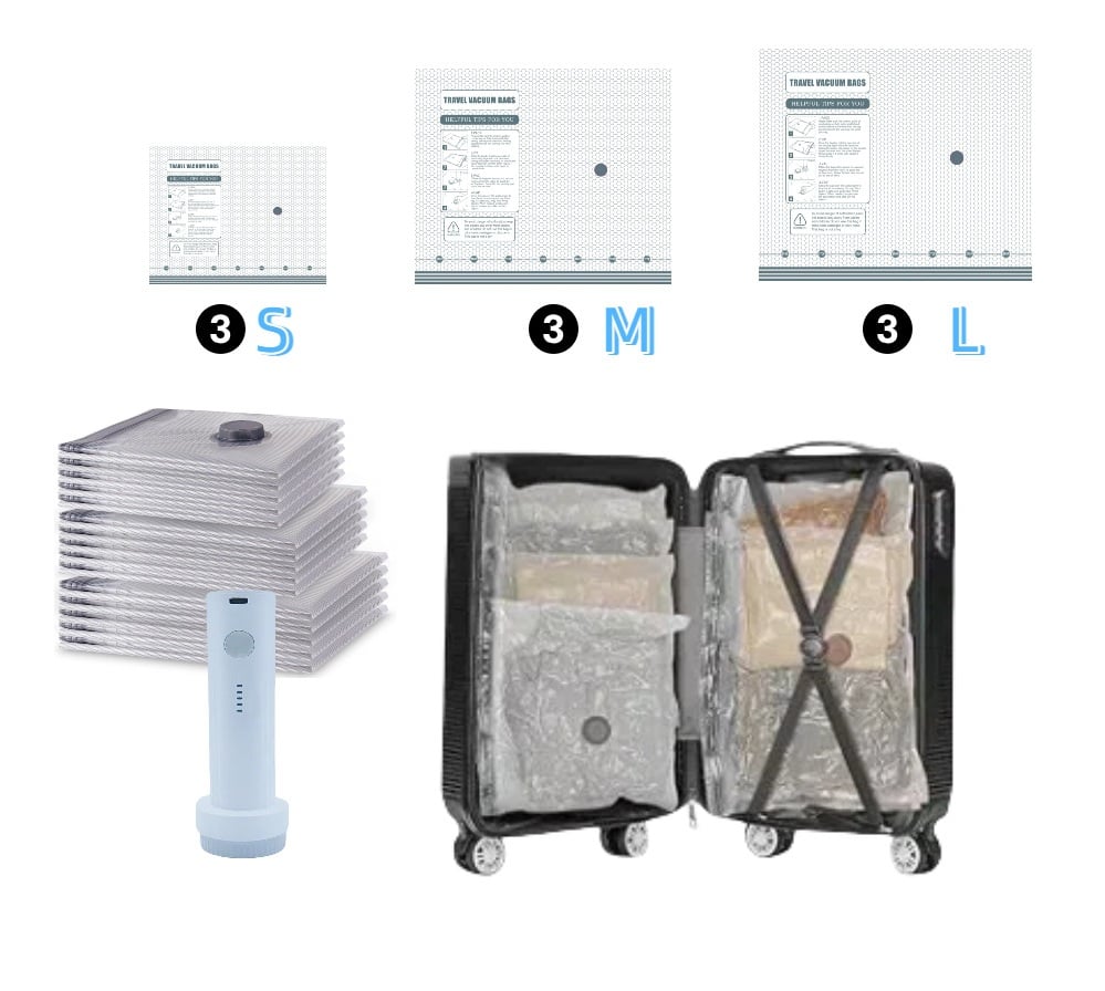 Kit de rangement sous vide sans fil – 15 sacs, pompe 140 L/min. Réduit les vêtements, économise de l'espace. Imperméable et réutilisable. Indispensable pour les vacances.