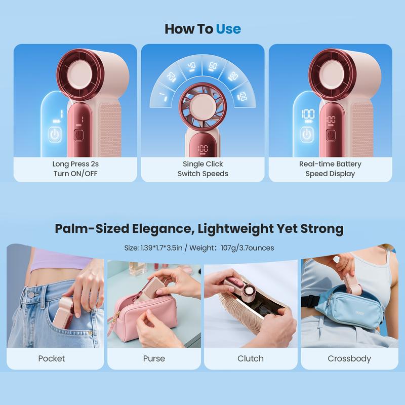 Mini ventilateur portable avec écran LED – Ventilateur turbo de poche à 5 vitesses. Rechargeable par USB, refroidissement rapide pour les voyages et le maquillage. Cadeau parfait. Portable