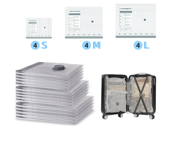 Kit de rangement sous vide sans fil – 15 sacs, pompe 140 L/min. Réduit les vêtements, économise de l'espace. Imperméable et réutilisable. Indispensable pour les vacances.