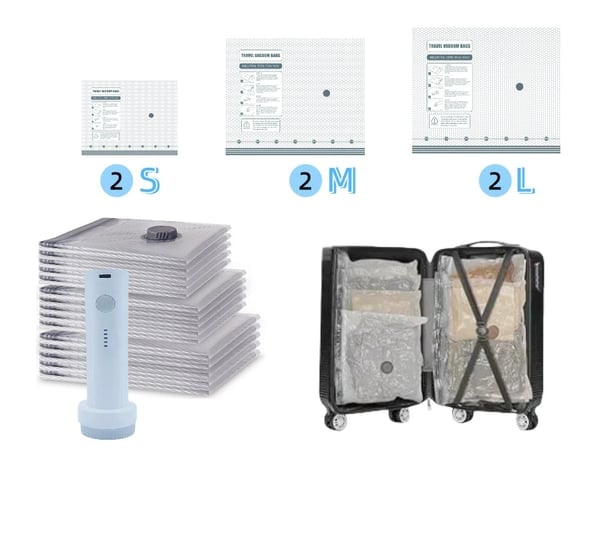 Kit de rangement sous vide sans fil – 15 sacs, pompe 140 L/min. Réduit les vêtements, économise de l'espace. Imperméable et réutilisable. Indispensable pour les vacances.