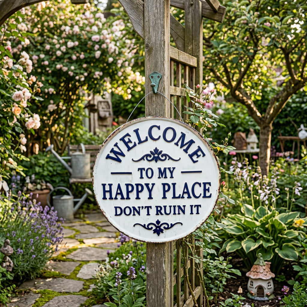 Enseigne ronde en métal vintage – « Welcome to My Happy Place Don’t Ruin It » Décoration murale de jardin