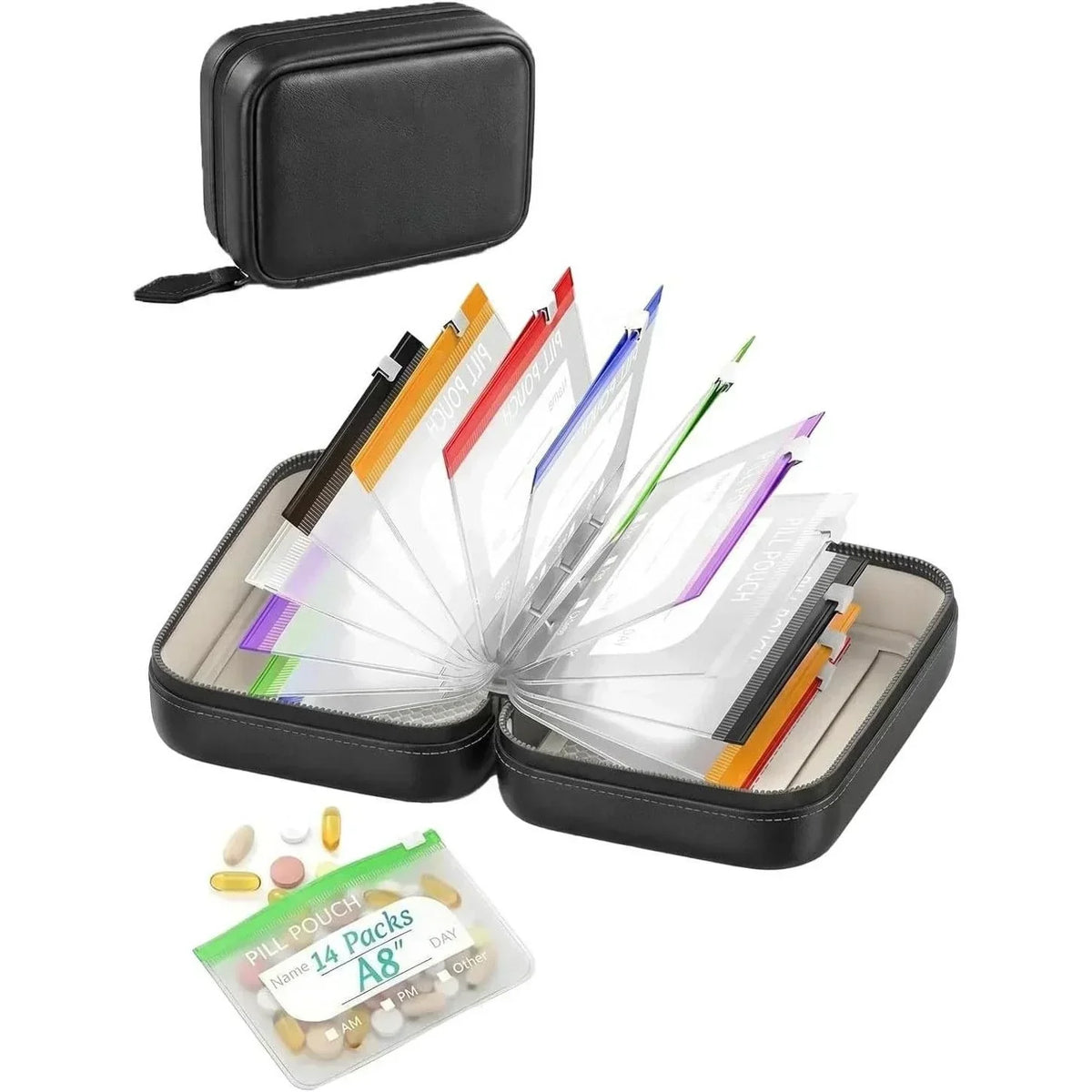 Ensemble de pochettes à pilules étanches A8 – 14 pochettes à code couleur, coque résistante aux chocs, jusqu'à 2 semaines de médicaments !