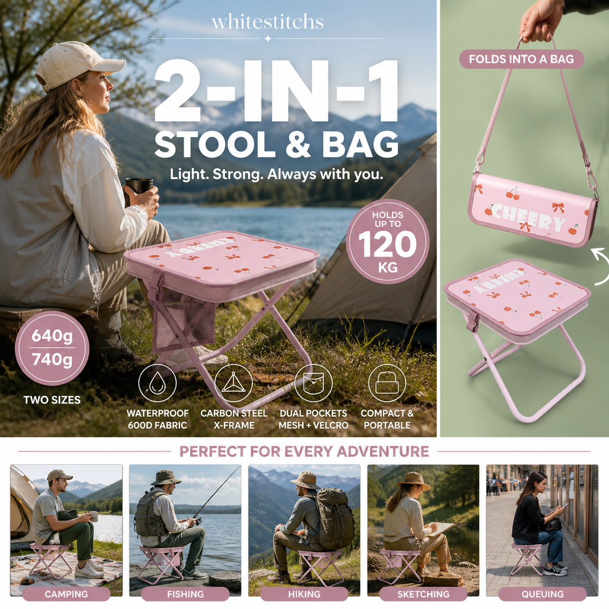 Chaise pliante d'extérieur 2-en-1 avec sac