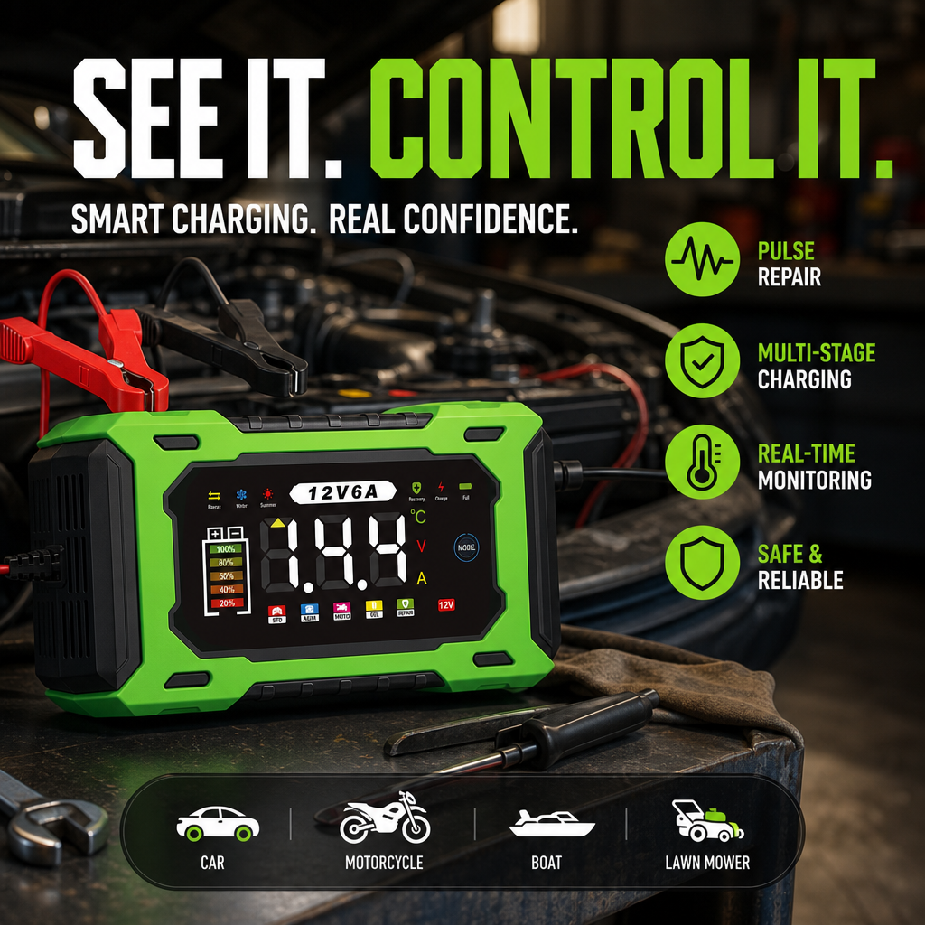 Chargeur de batterie de voiture intelligent 12 V 6 A – Technologie de réparation d'impulsions, entretien automatique et désulfatation