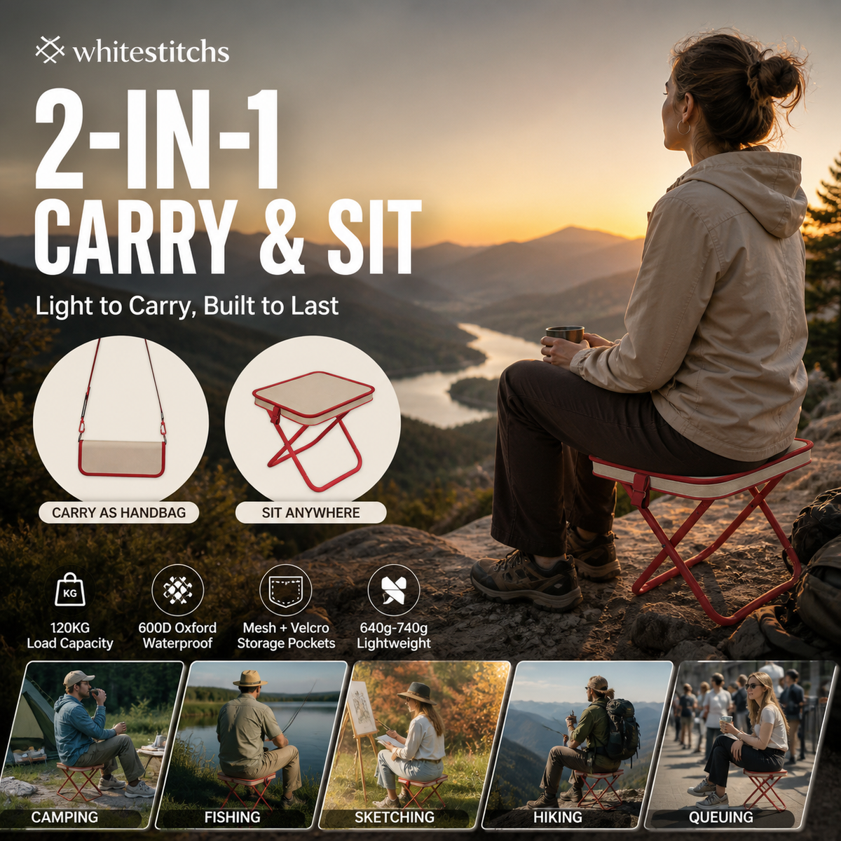 Chaise pliante d'extérieur 2-en-1 avec sac