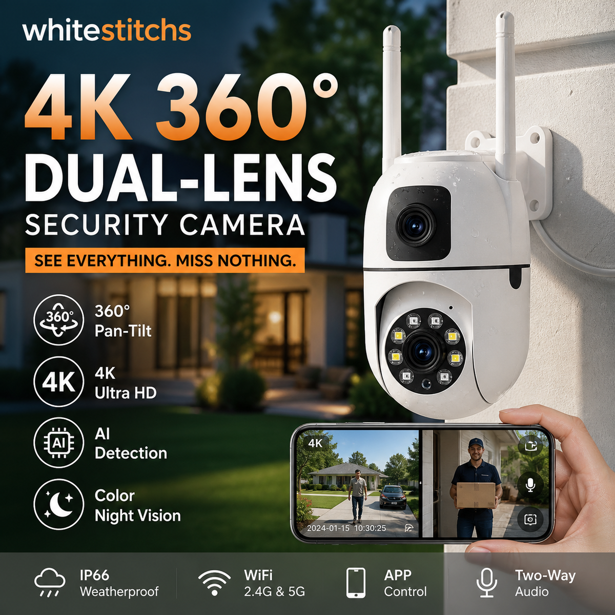 Caméra de sécurité WiFi extérieure à double objectif 4K Pan & Tilt 360°