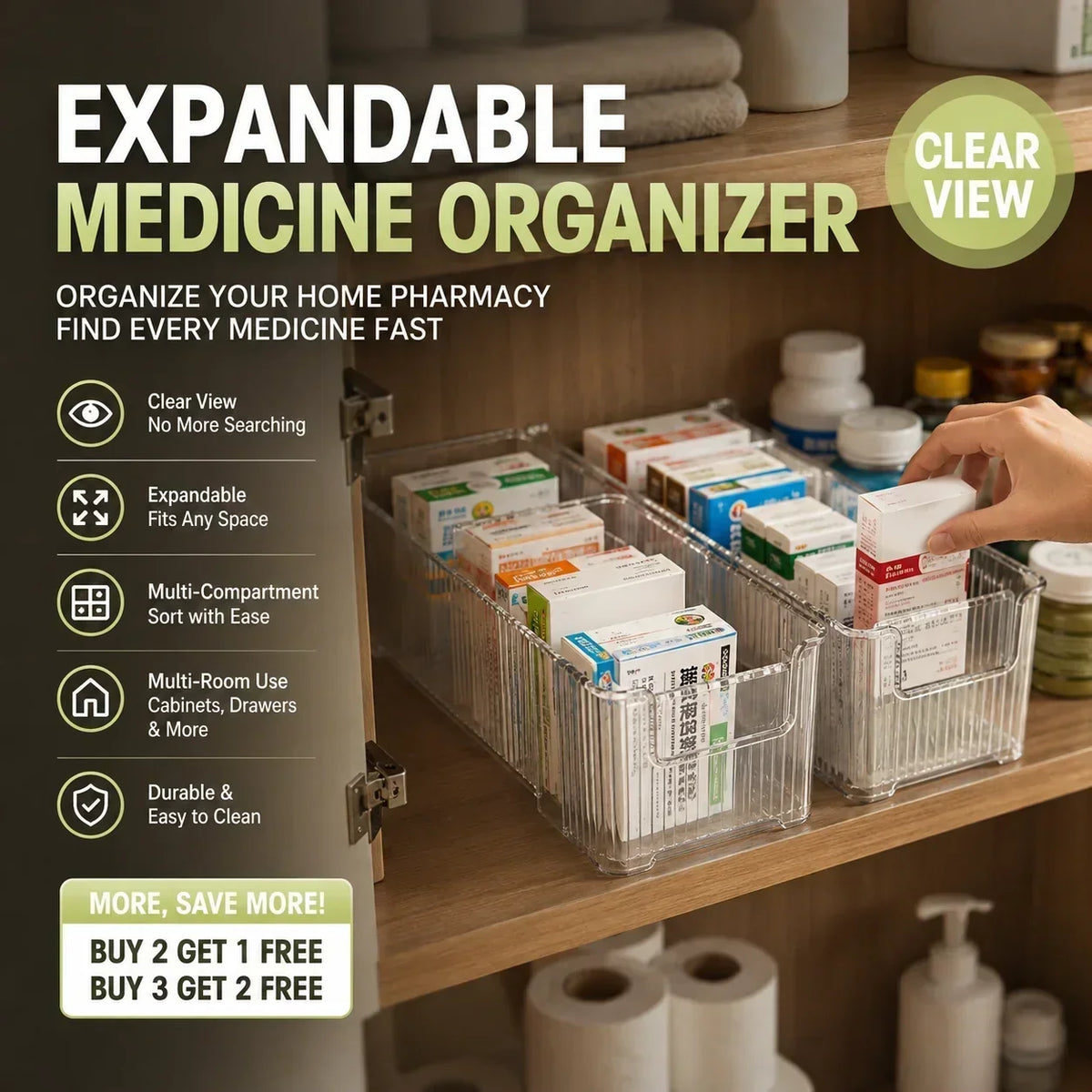Organisateur de médicaments extensible transparent — extensible, parfait pour une armoire à pharmacie bien rangée