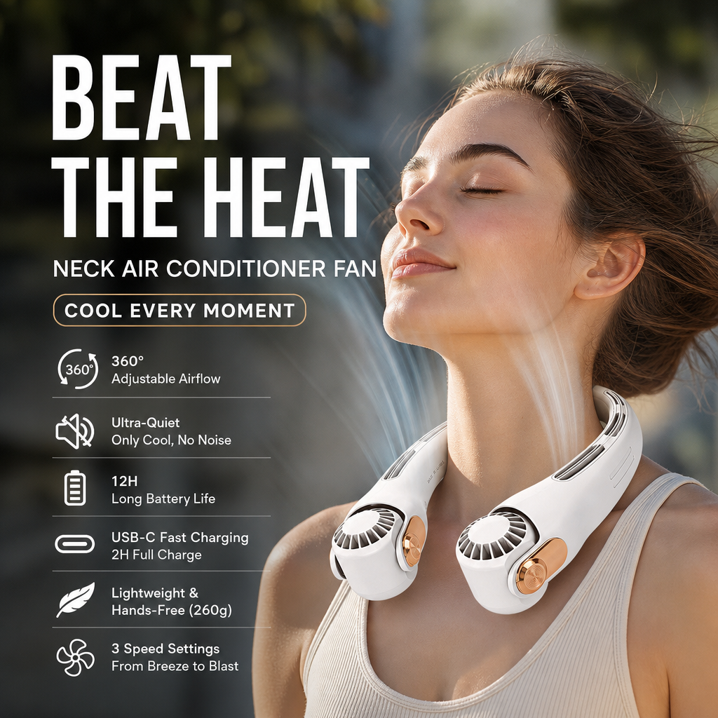 Ventilateur de cou portable – Ultra-silencieux, rotation à 360°, 3 vitesses. Refroidissement mains libres, longue autonomie de batterie. L'indispensable de l'été !