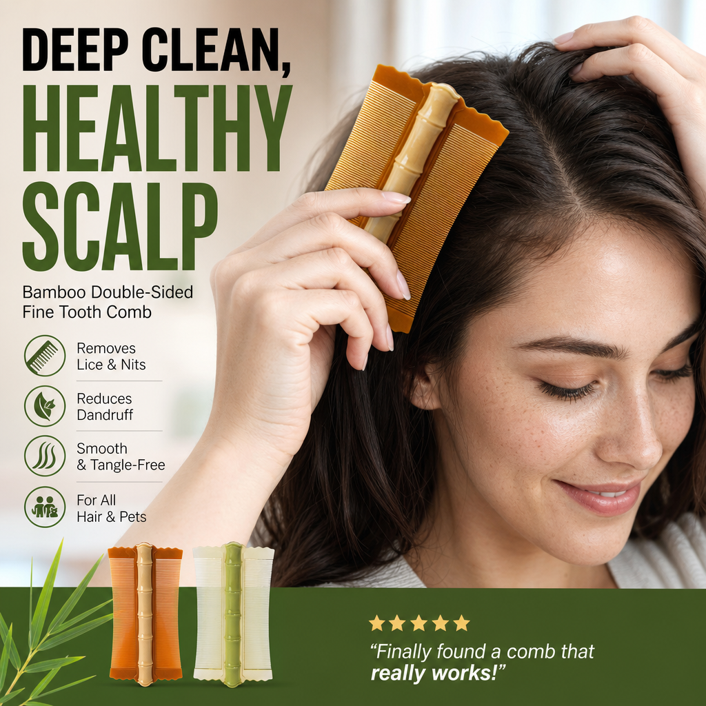 Peigne coiffant double-face en bambou à dents fines | Élimine les poux et les pellicules | Prise ergonomique | Pour tous types de cheveux | Pour adultes, enfants et animaux de compagnie