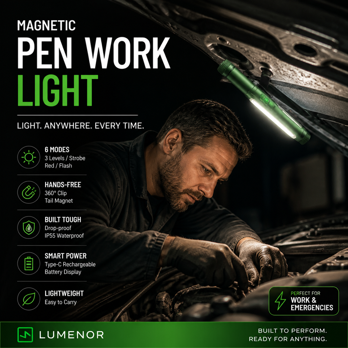 Outil indispensable ! Lampe de travail magnétique puissante multifonctionnelle en forme de stylo, lampe torche LED portable rotative, base magnétique pour un éclairage mains libres pour