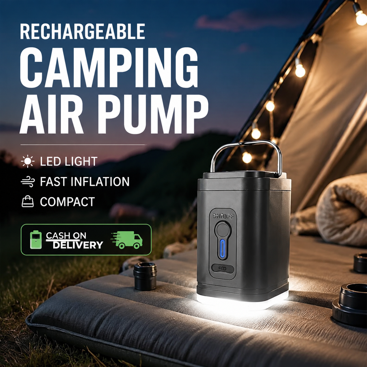 Pompe à air de camping rechargeable – Lumière LED, gonflage rapide, compacte