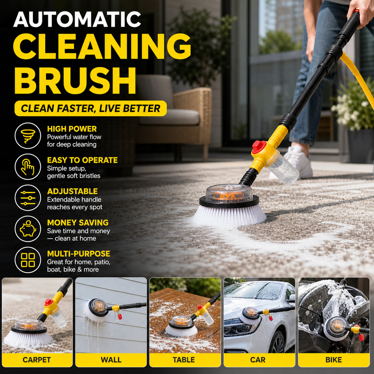 Brosse multifonctionnelle – Rotation automatique, 5 réglages et polyvalente. Pour une propreté éclatante, procurez-vous la vôtre !