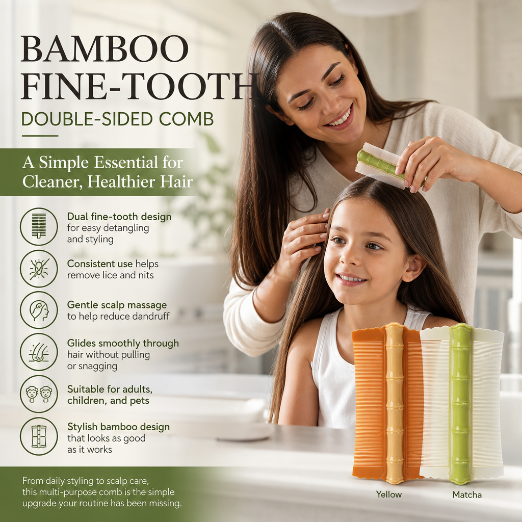 Peigne coiffant double-face en bambou à dents fines | Élimine les poux et les pellicules | Prise ergonomique | Pour tous types de cheveux | Pour adultes, enfants et animaux de compagnie