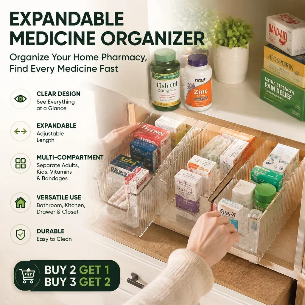 Organisateur de médicaments extensible transparent — extensible, parfait pour une armoire à pharmacie bien rangée