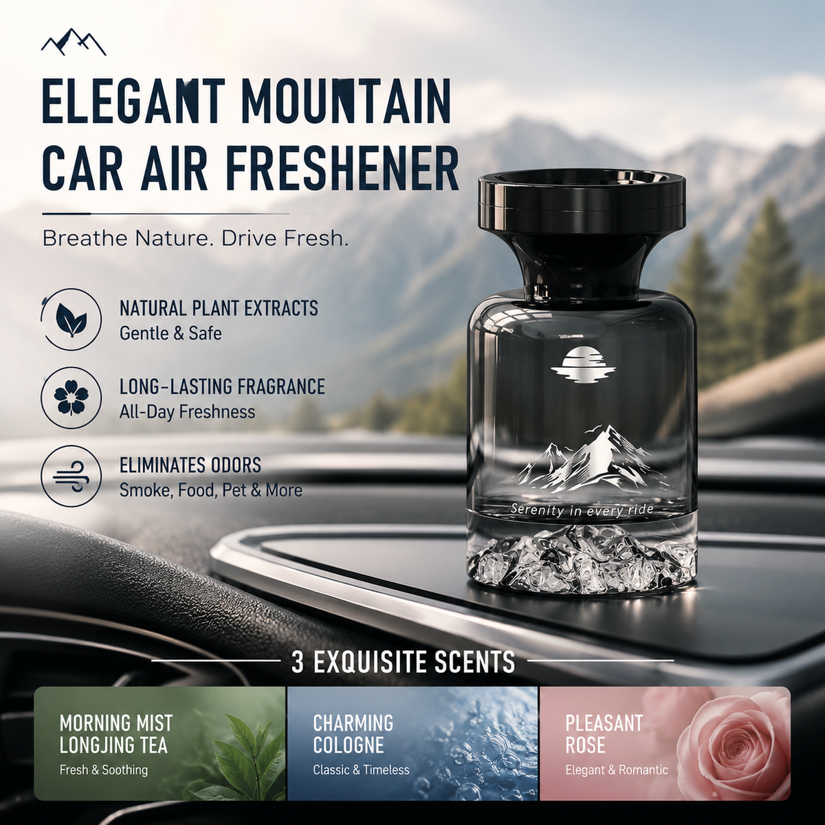 Désodorisant longue durée pour voiture 2026 – Extraits de plantes naturelles, élimine les odeurs de fumée et d'animaux. Des semaines de fraîcheur. Design montagne. Respirez sereinement !