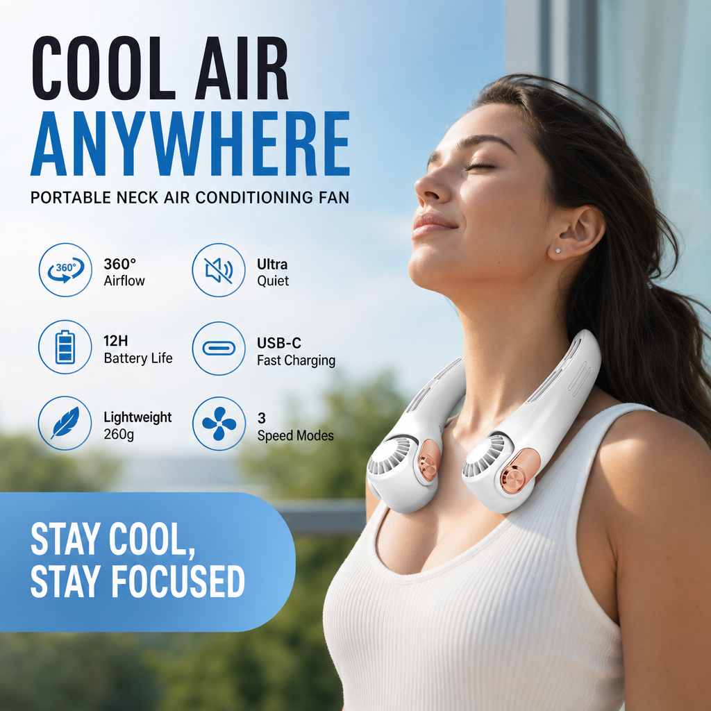 Ventilateur de cou portable – Ultra-silencieux, rotation à 360°, 3 vitesses. Refroidissement mains libres, longue autonomie de batterie. L'indispensable de l'été !