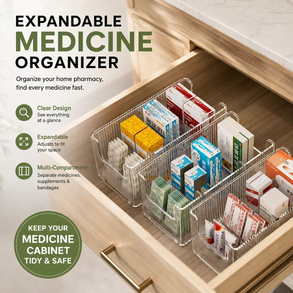 Organisateur de médicaments extensible transparent — extensible, parfait pour une armoire à pharmacie bien rangée