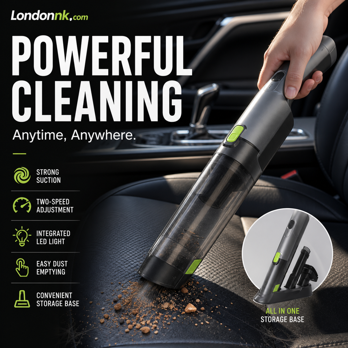 Aspirateur à main sans fil pour voiture – Aspiration 6 KPa, 2 vitesses, lumière LED, conception facile à vider – Comprend une base de rangement !