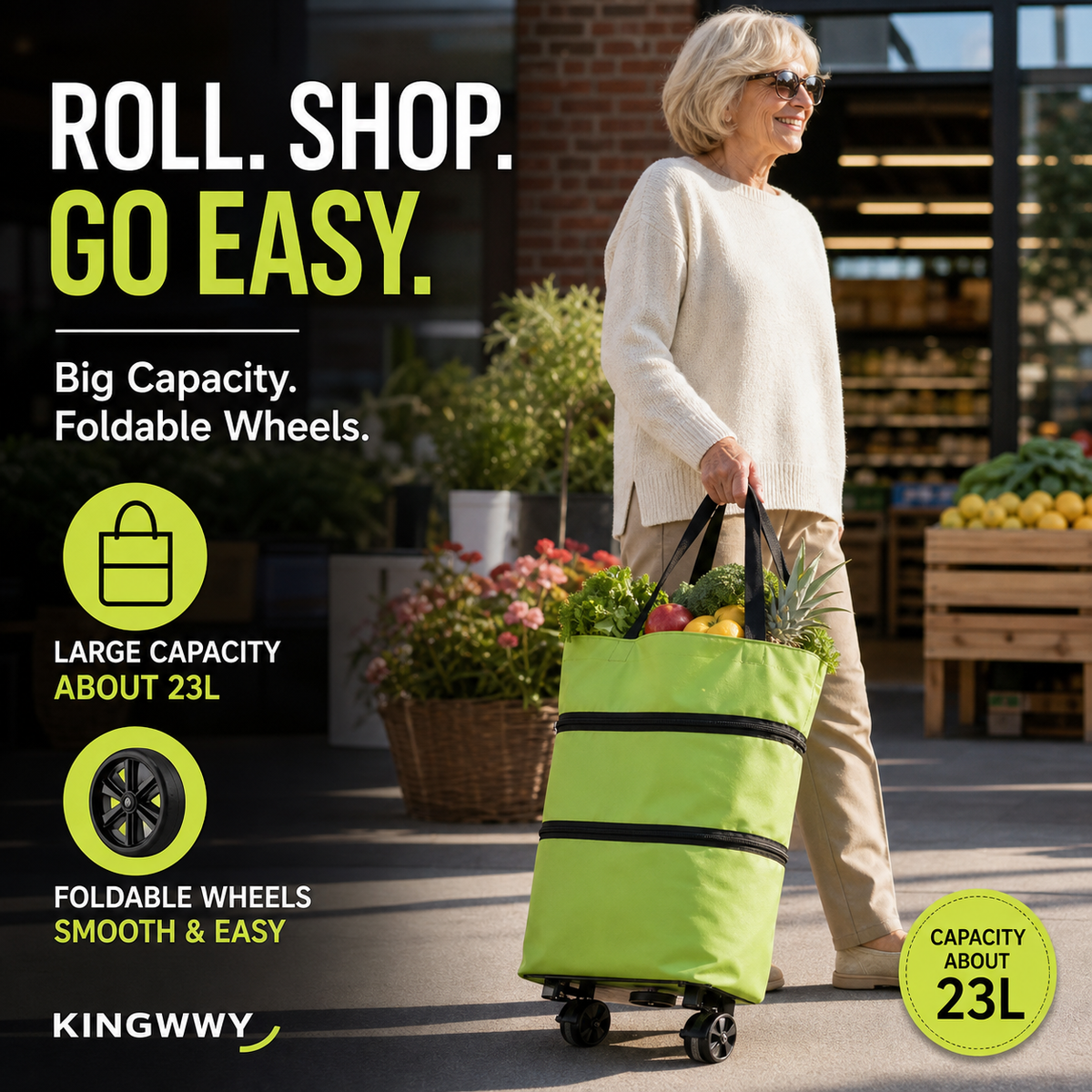 Sac de courses pliable 2-en-1 à roulettes – Avec roues de type bagage