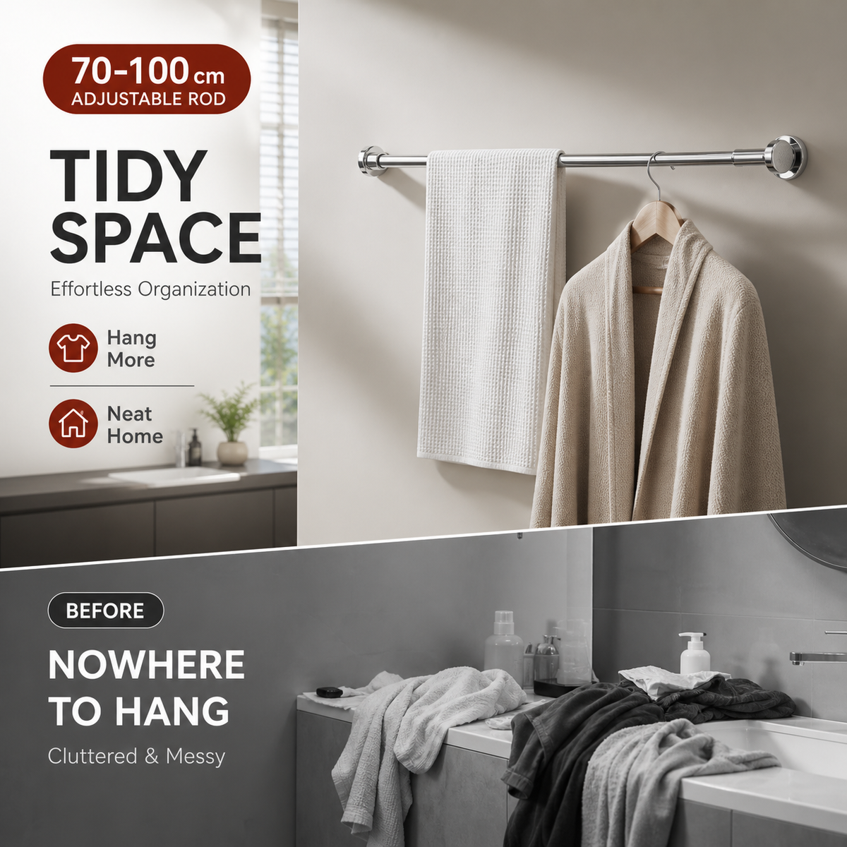 Créez de l'espace de rangement partout et à tout moment ! Tringle à tension réglable sans perçage
