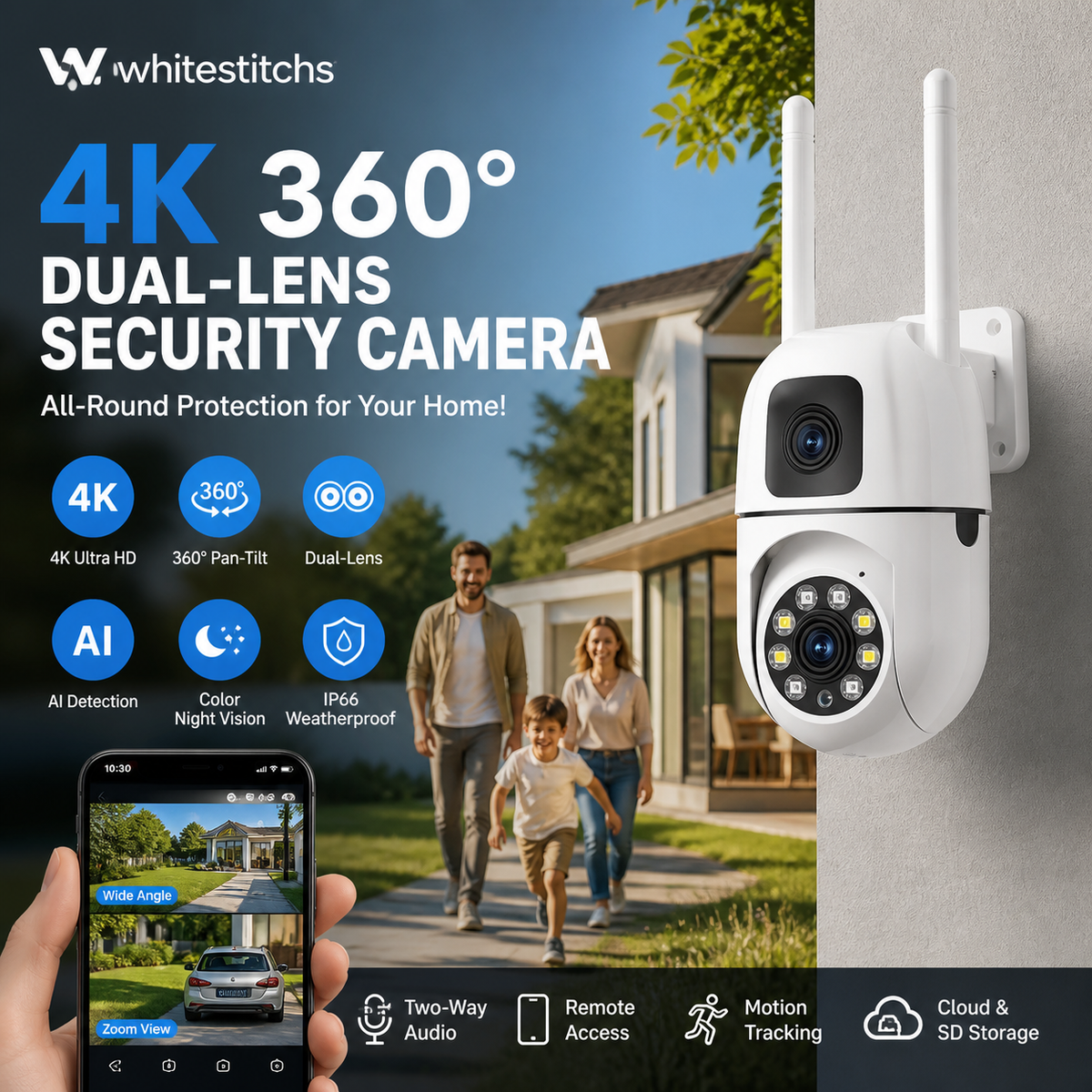 Caméra de sécurité WiFi extérieure à double objectif 4K Pan & Tilt 360°