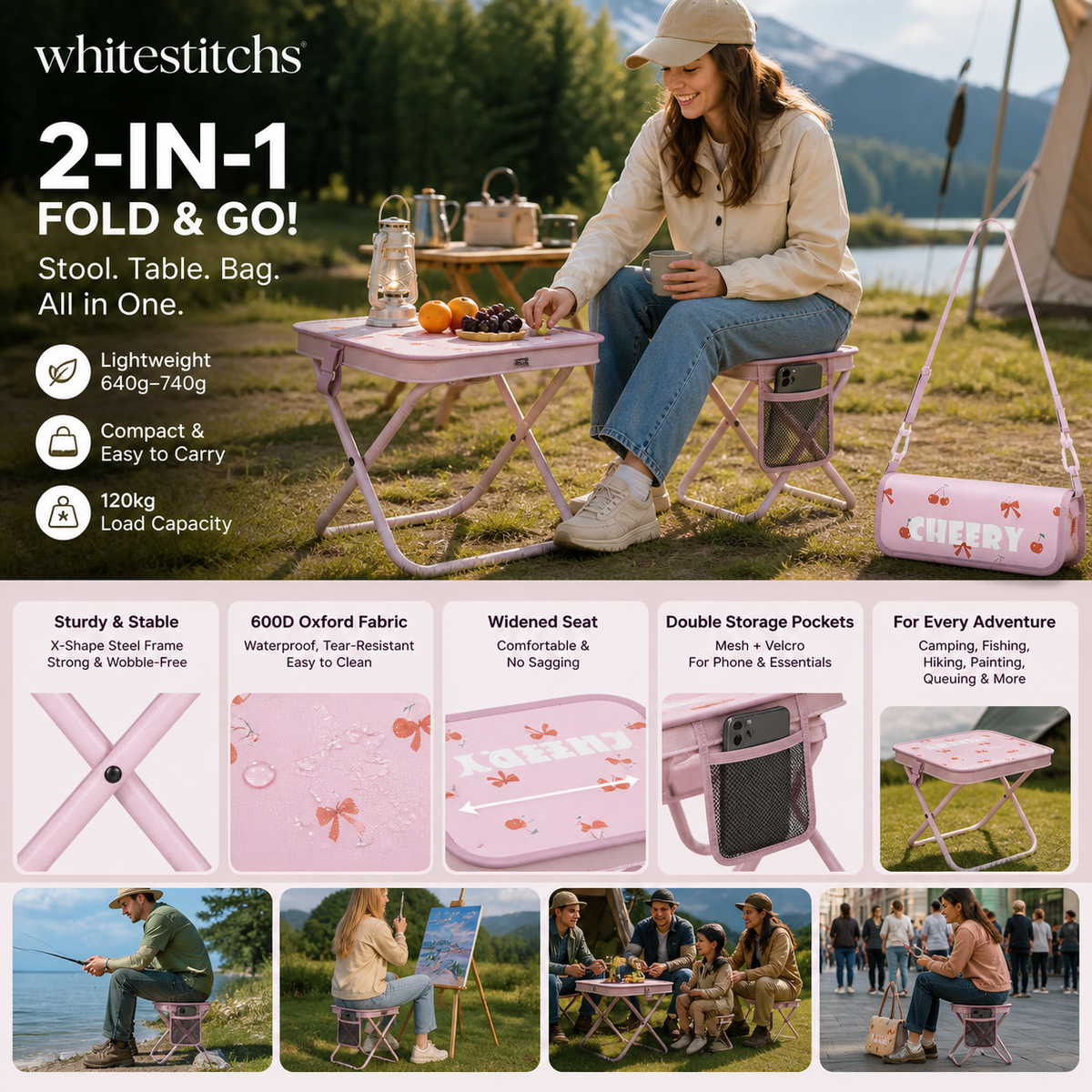 Chaise pliante d'extérieur 2-en-1 avec sac