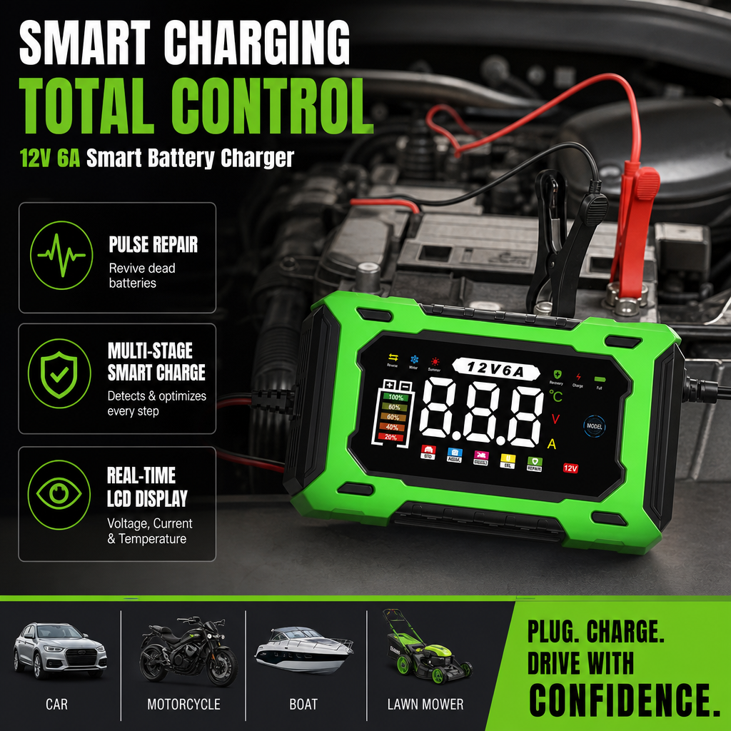 Chargeur de batterie de voiture intelligent 12 V 6 A – Technologie de réparation d'impulsions, entretien automatique et désulfatation