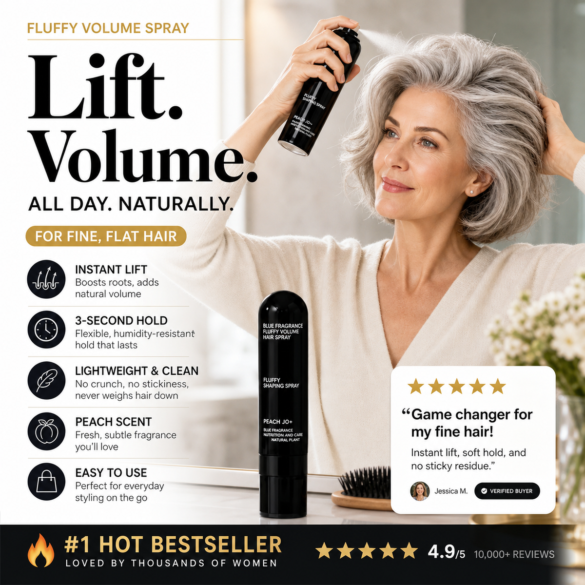 Spray Coiffant Volumisant Longue Durée à la Pêche pour une Tenue Toute la Journée