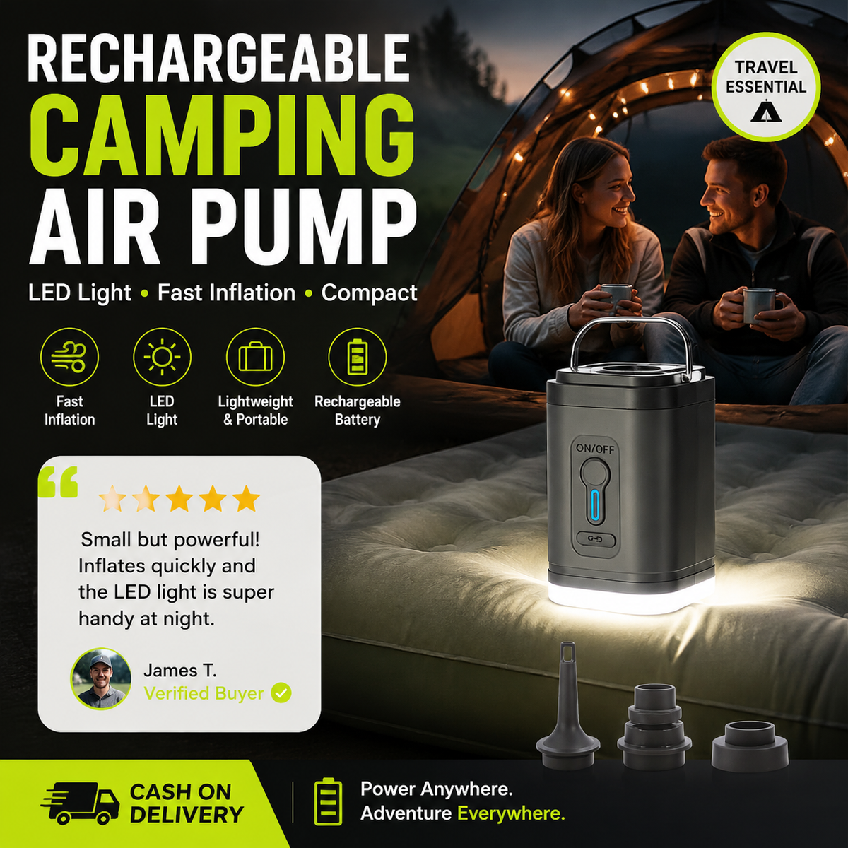 Pompe à air de camping rechargeable – Lumière LED, gonflage rapide, compacte