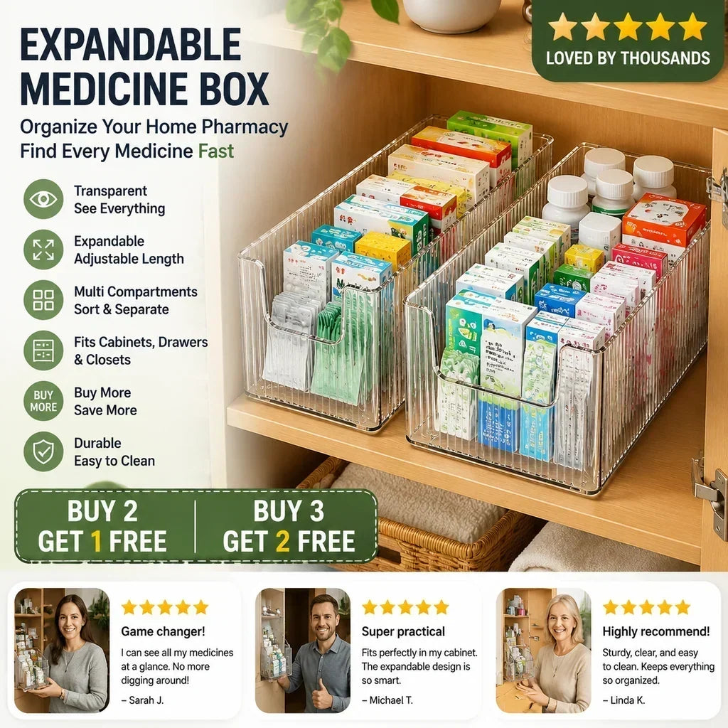 Organisateur de médicaments extensible transparent — extensible, parfait pour une armoire à pharmacie bien rangée
