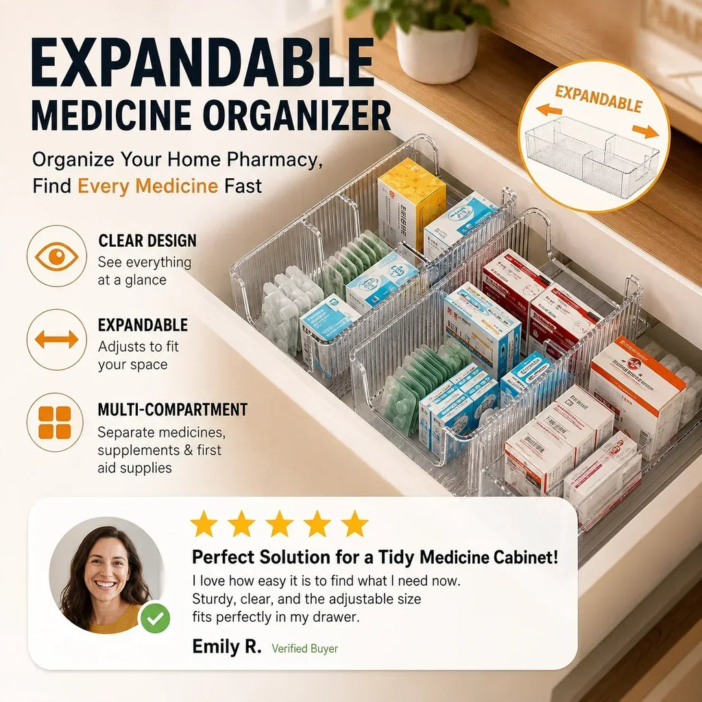 Organisateur de médicaments extensible transparent — extensible, parfait pour une armoire à pharmacie bien rangée