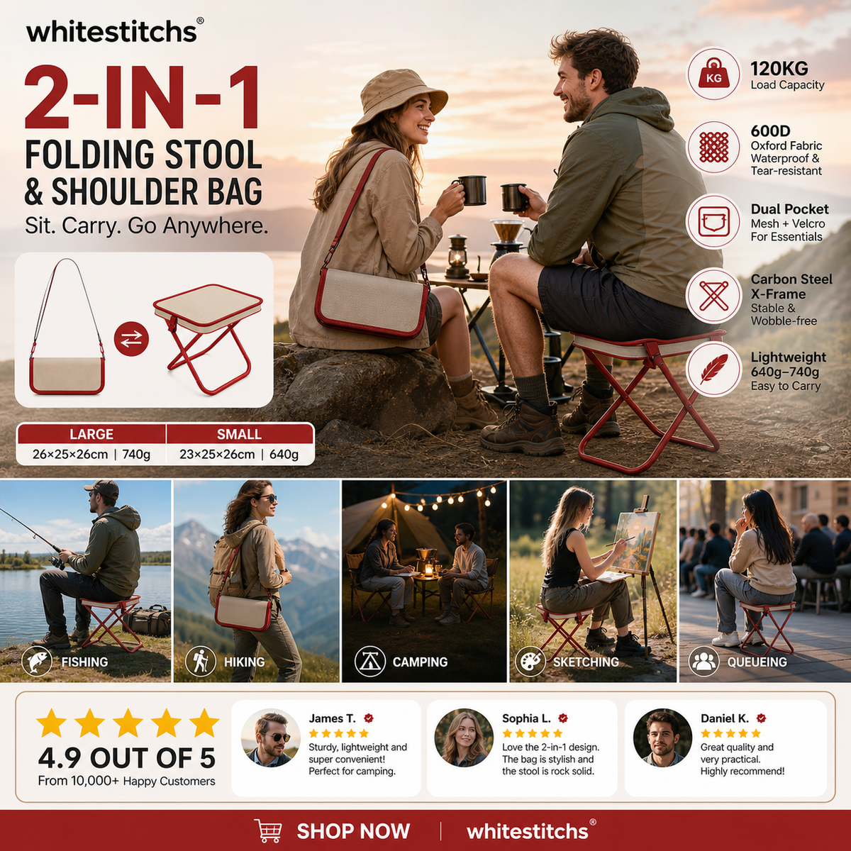 Chaise pliante d'extérieur 2-en-1 avec sac