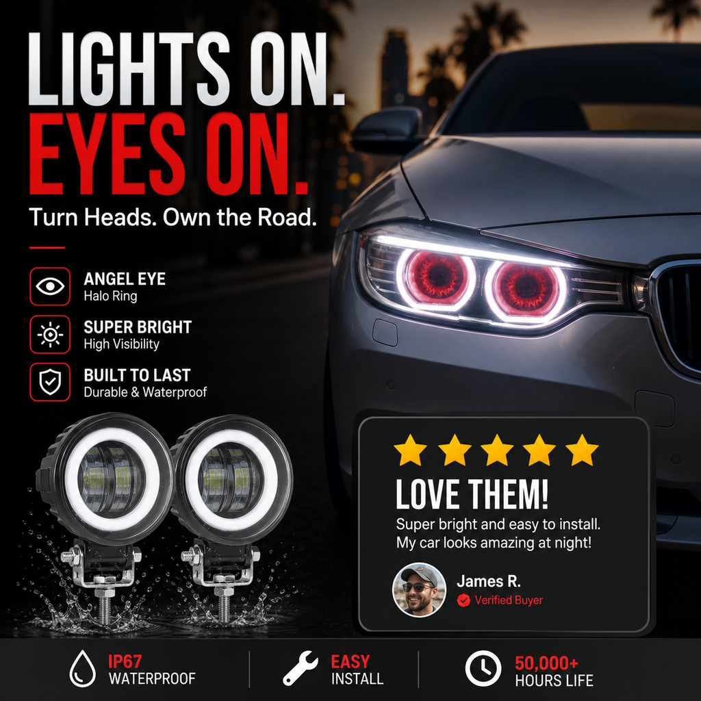 Projecteur de travail à LED rond 20 W pour automobile, lampe tout-terrain, lampe de travail, projecteur antibrouillard avec anneau lumineux et Angel Eyes, lumière blanche par défaut