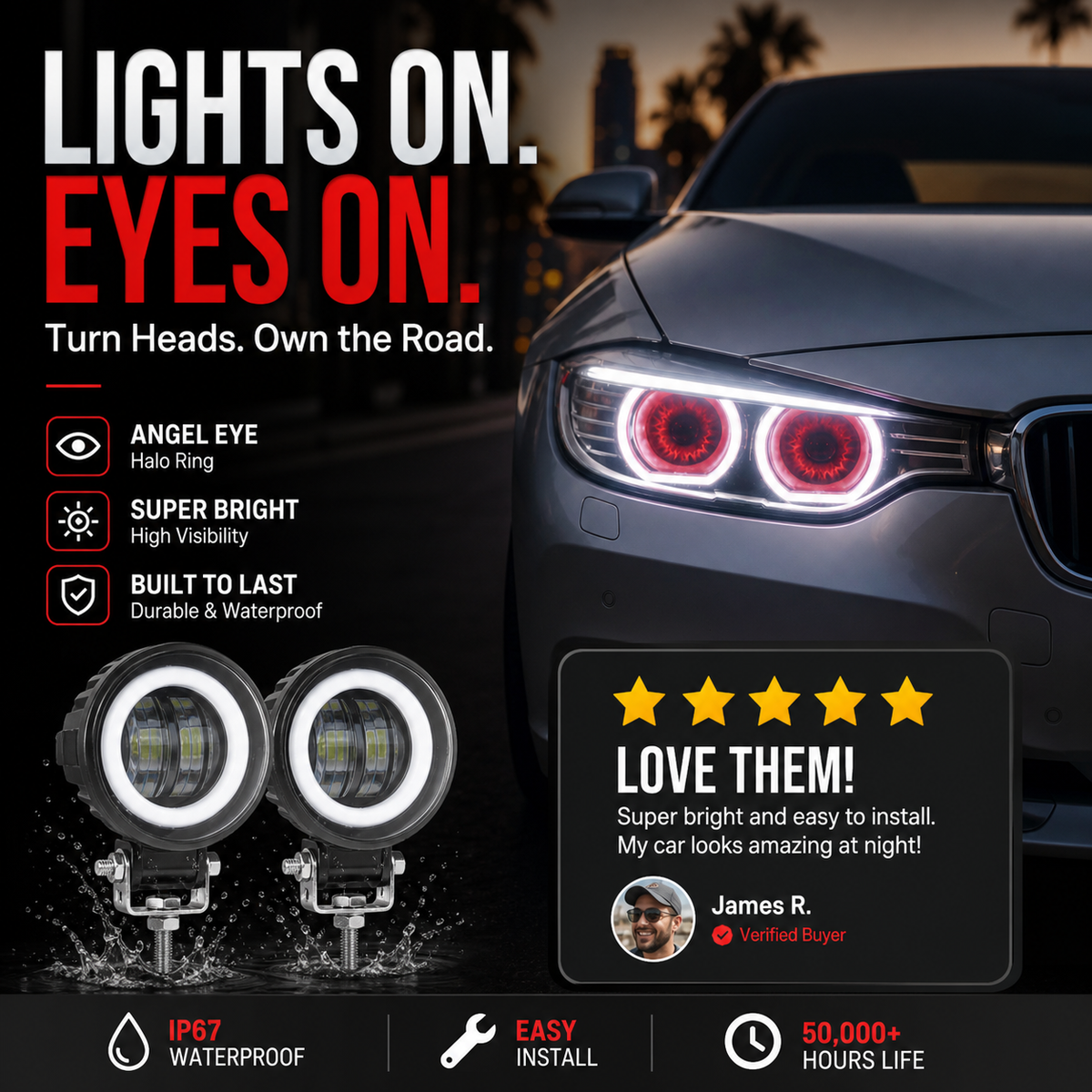 Projecteur de travail à LED rond 20 W pour automobile, lampe tout-terrain, lampe de travail, projecteur antibrouillard avec anneau lumineux et Angel Eyes, lumière blanche par défaut