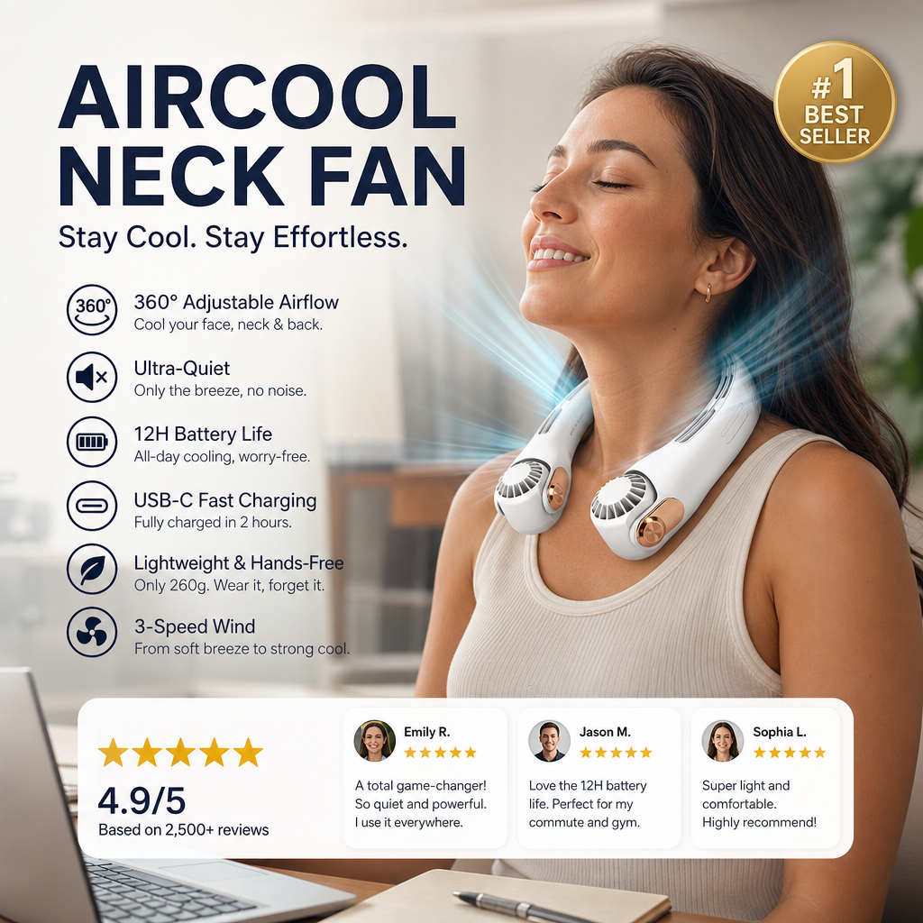 Ventilateur de cou portable – Ultra-silencieux, rotation à 360°, 3 vitesses. Refroidissement mains libres, longue autonomie de batterie. L'indispensable de l'été !