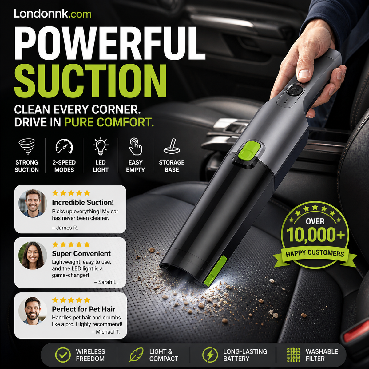 Aspirateur à main sans fil pour voiture – Aspiration 6 KPa, 2 vitesses, lumière LED, conception facile à vider – Comprend une base de rangement !