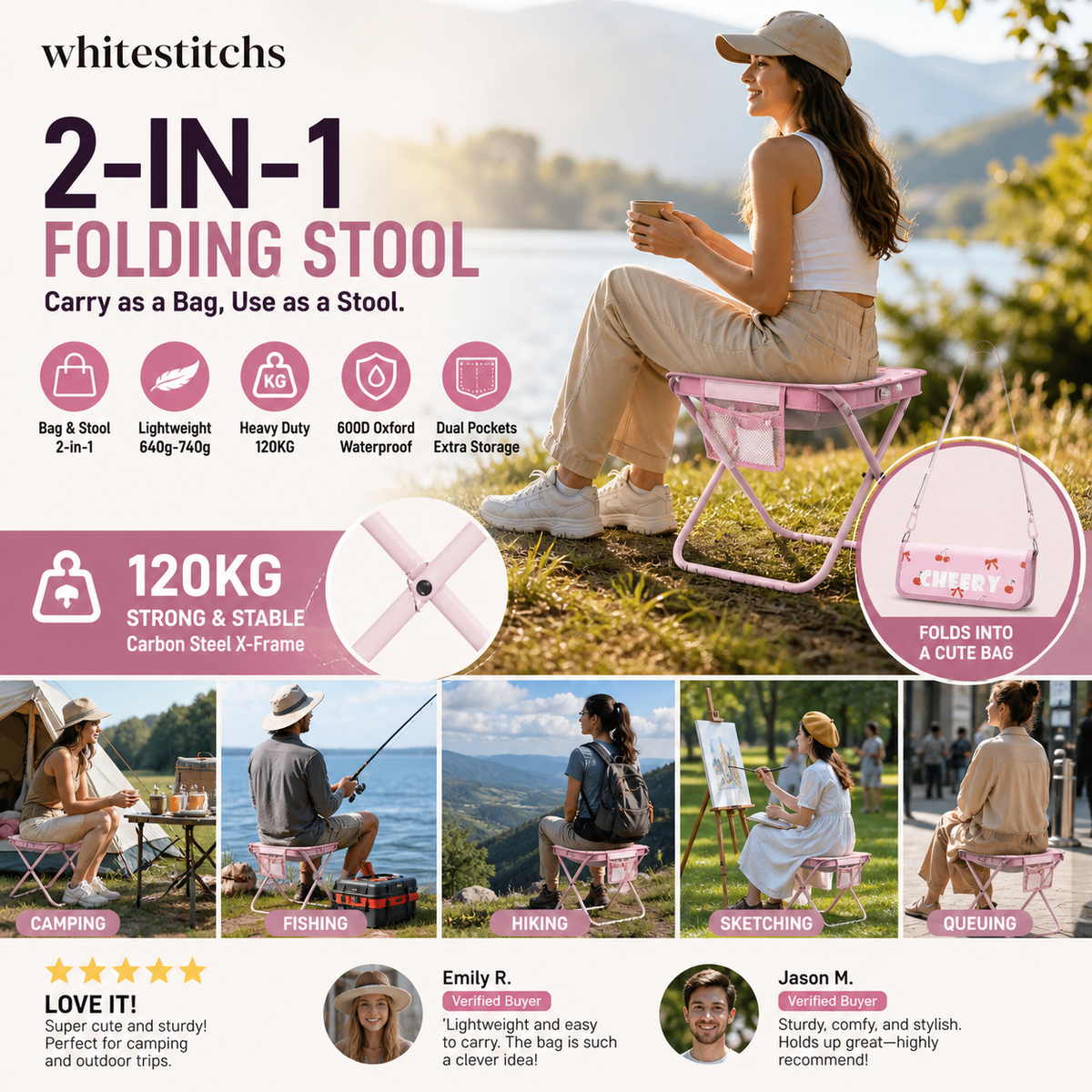 Chaise pliante d'extérieur 2-en-1 avec sac