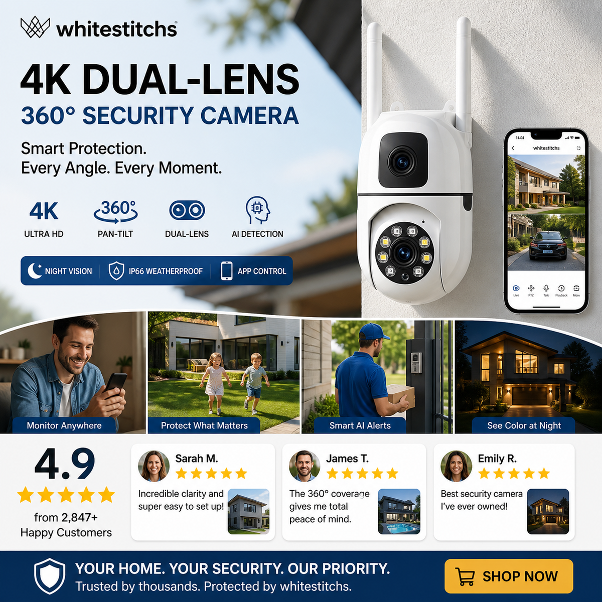 Caméra de sécurité WiFi extérieure à double objectif 4K Pan & Tilt 360°