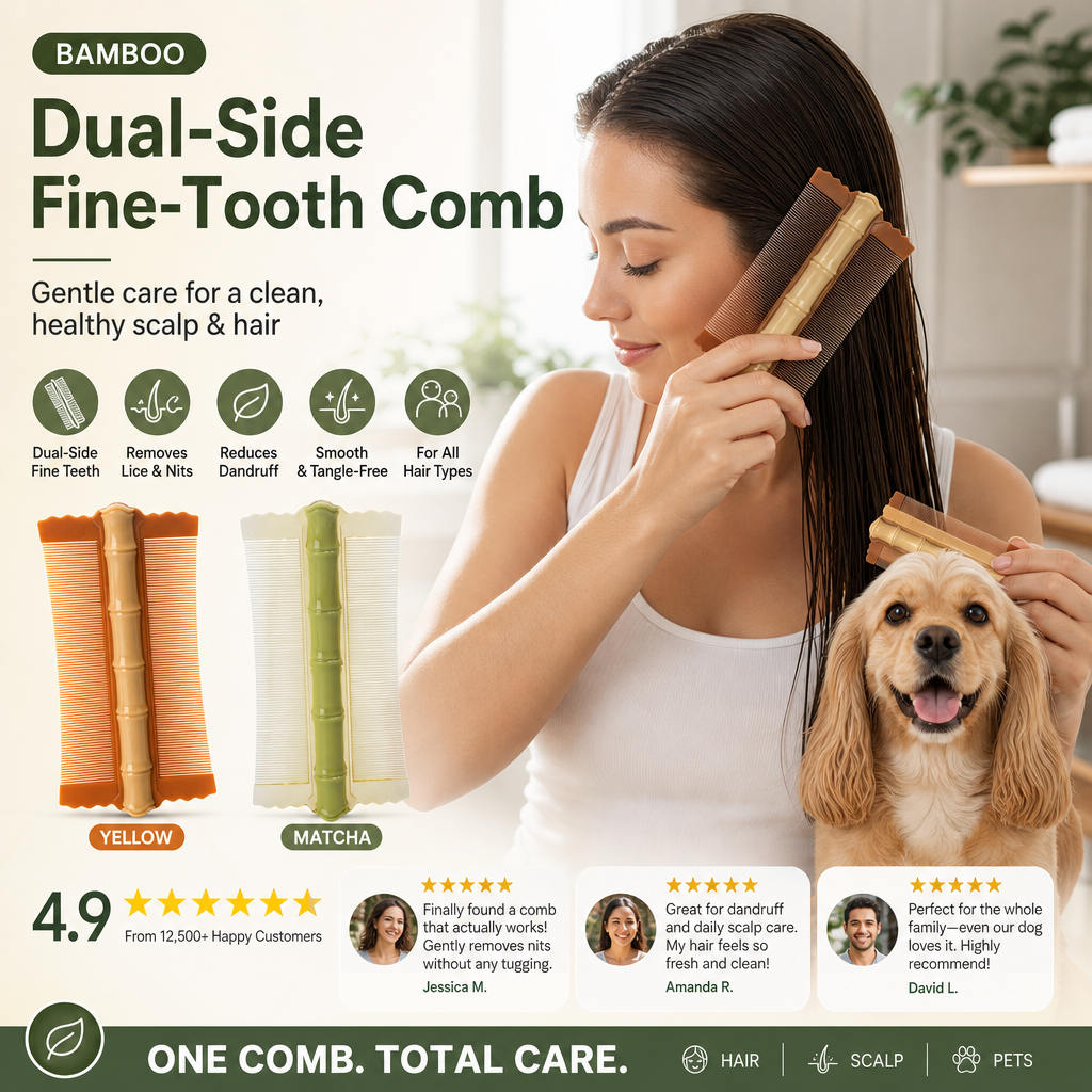 Peigne coiffant double-face en bambou à dents fines | Élimine les poux et les pellicules | Prise ergonomique | Pour tous types de cheveux | Pour adultes, enfants et animaux de compagnie