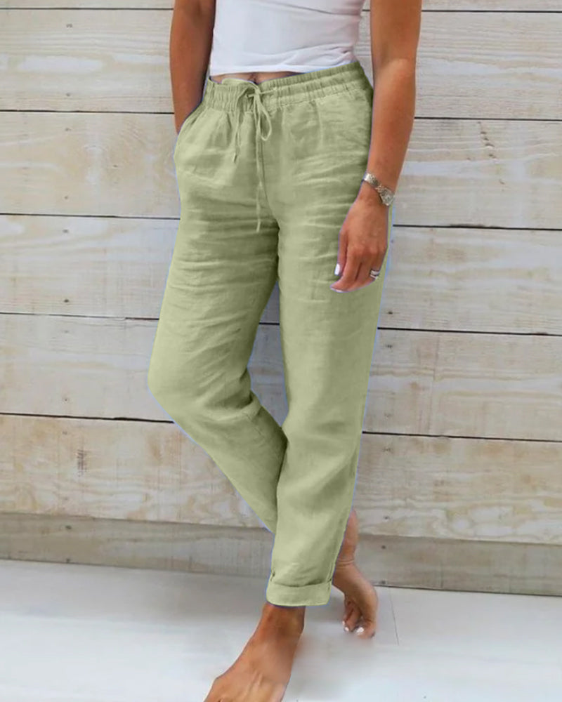 Pantalon large en coton et lin à taille élastique pour femme
