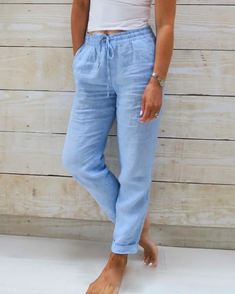 Pantalon large en coton et lin à taille élastique pour femme