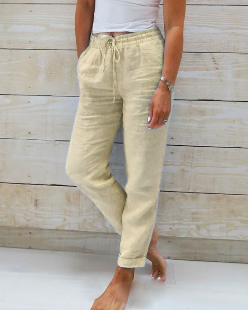 Pantalon large en coton et lin à taille élastique pour femme