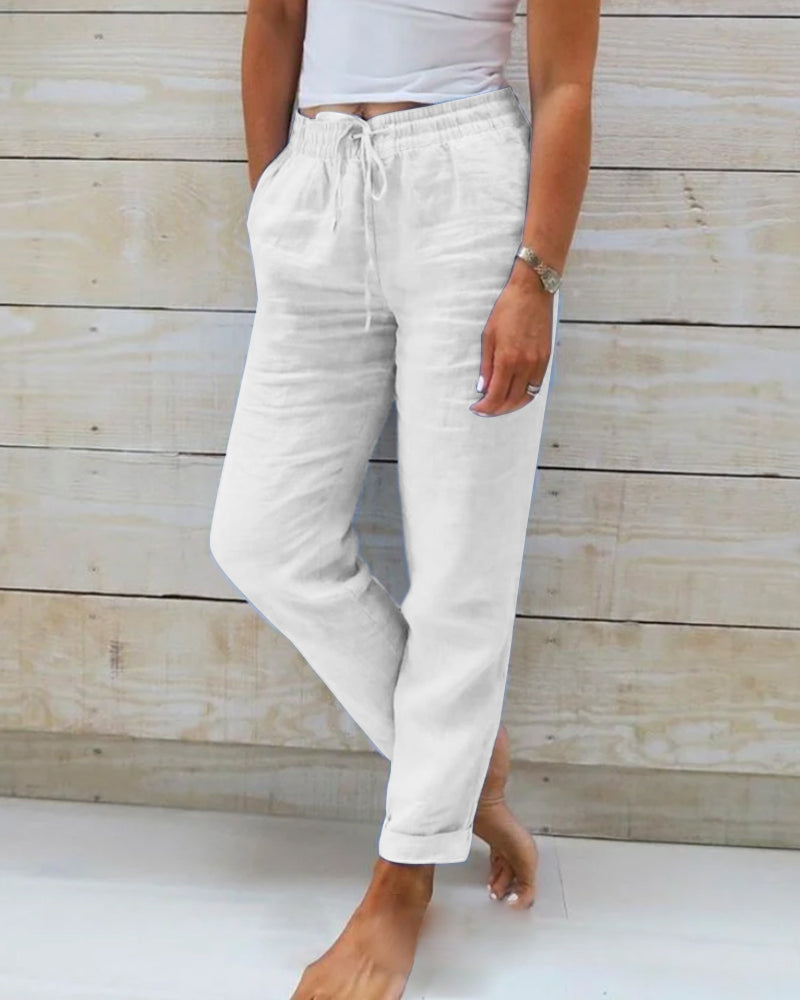 Pantalon large en coton et lin à taille élastique pour femme