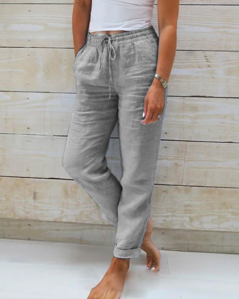 Pantalon large en coton et lin à taille élastique pour femme
